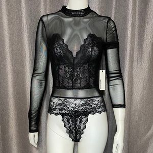 Women’s Black Mesh Long Sleeve Black Sexy Bodysuit